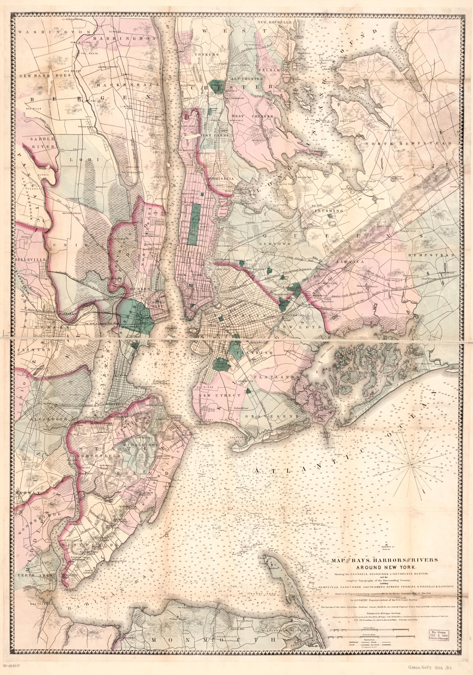 This old map of Hook, South-Amboy, Newark, Yonkers, N. Rochelle & Glen Cove from 1866 was created by A. D. (Alexander Dallas) Bache in 1866