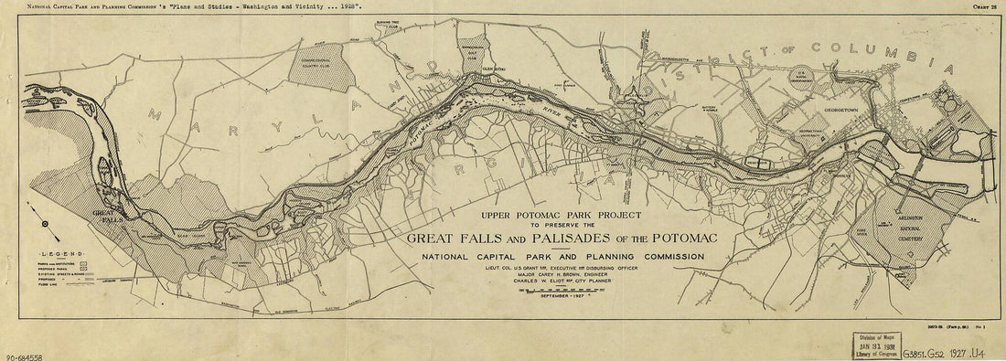 This old map of Upper Potomac Park Project to Preserve the Great Falls and Palisades of the Potomac from 1927 was created by Carey H. Brown, Charles W. (Charles William) Eliot, U. S. (Ulysses S.) Grant, United States. National Capital Park and Planning
