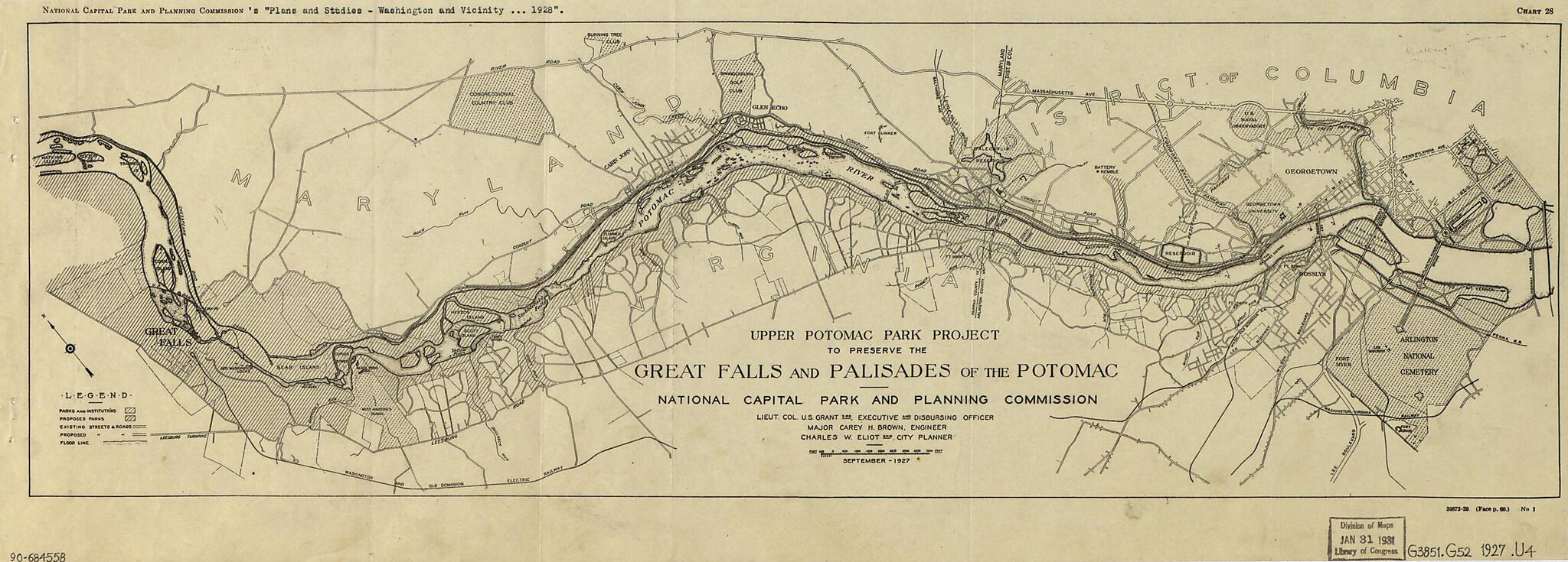 This old map of Upper Potomac Park Project to Preserve the Great Falls and Palisades of the Potomac from 1927 was created by Carey H. Brown, Charles W. (Charles William) Eliot, U. S. (Ulysses S.) Grant, United States. National Capital Park and Planning