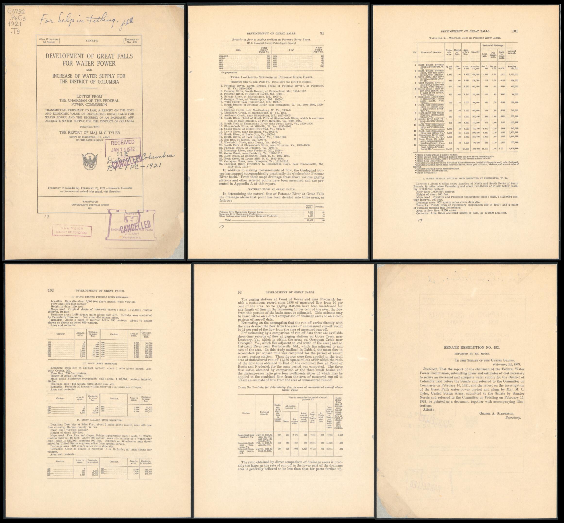 This old map of Development of Great Falls for Water Power and Increase of Water Supply for the District of Columbia from 1921 was created by M. C. Tyler, United States. Congress. Senate, United States. Federal Power Commission, United States. Governm