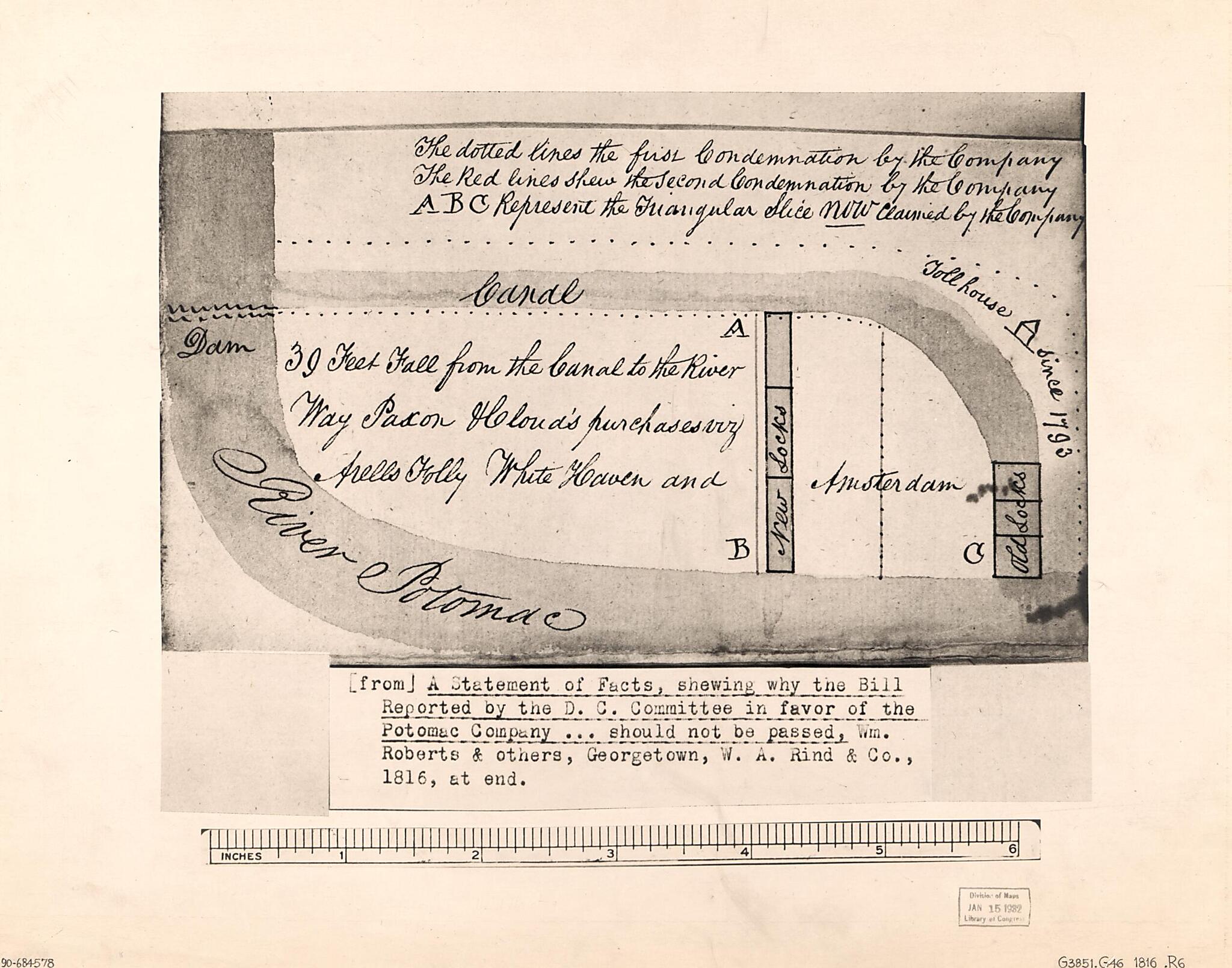 This old map of Diagrammatic Map of Real Property Condemned In Favor of the Potomac Company In Washington D.C. for the Chesapeake and Ohio Canal from 1816 was created by Potomac Company, Wm. (William) Roberts, W.A. Rind & Co in 1816