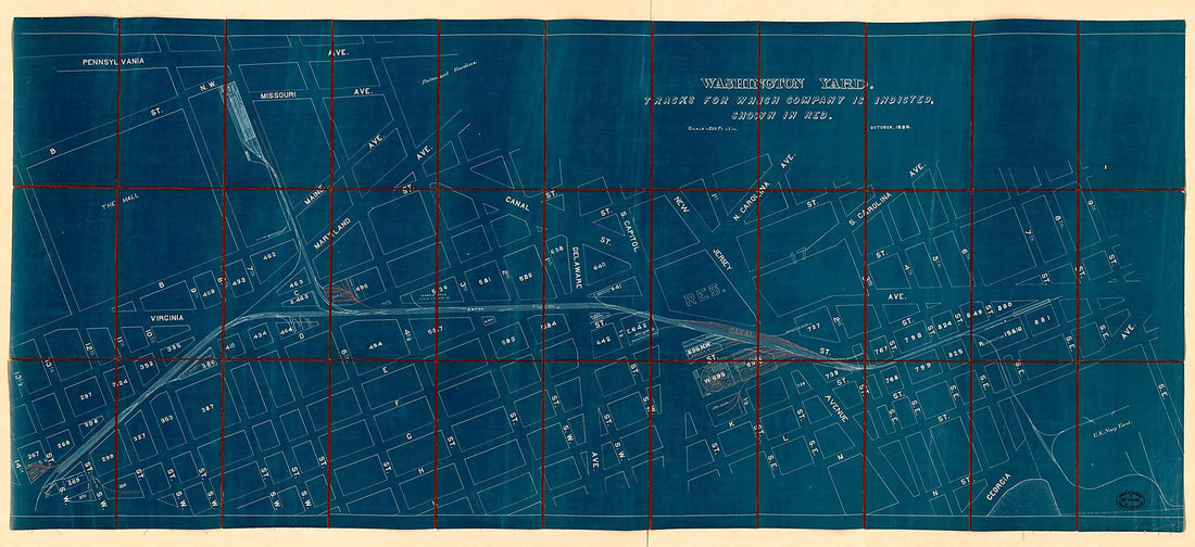This old map of Washington Yard : Tracks for Which Company Is Indicted, Shown In Red from 1889 was created by Baltimore and Potomac Railroad in 1889
