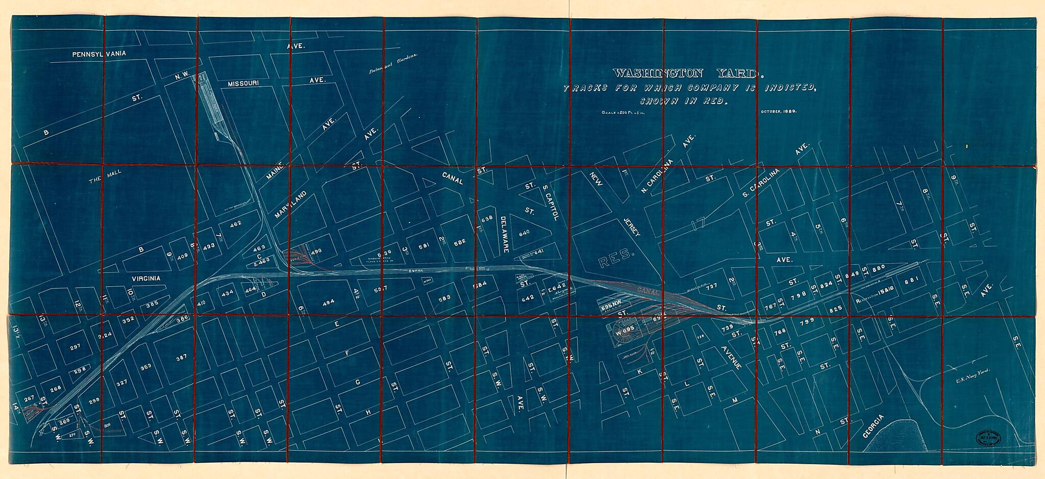 This old map of Washington Yard : Tracks for Which Company Is Indicted, Shown In Red from 1889 was created by Baltimore and Potomac Railroad in 1889