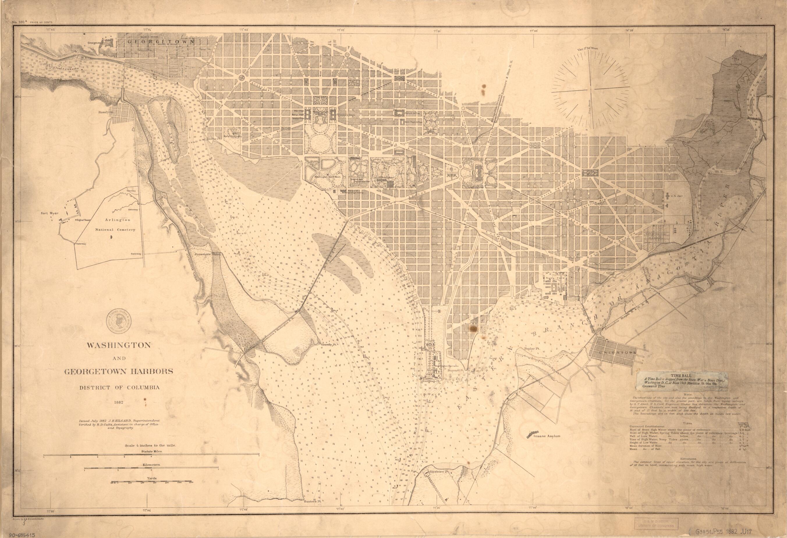 This old map of Washington and Georgetown Harbors, District of Columbia from 1882 was created by R. D. (Richard Dominicus) Cutts, J. E. (Julius Erasmus) Hilgard, A. Lindenkohl, H. (Henry) Lindenkohl, U.S. Coast and Geodetic Survey in 1882