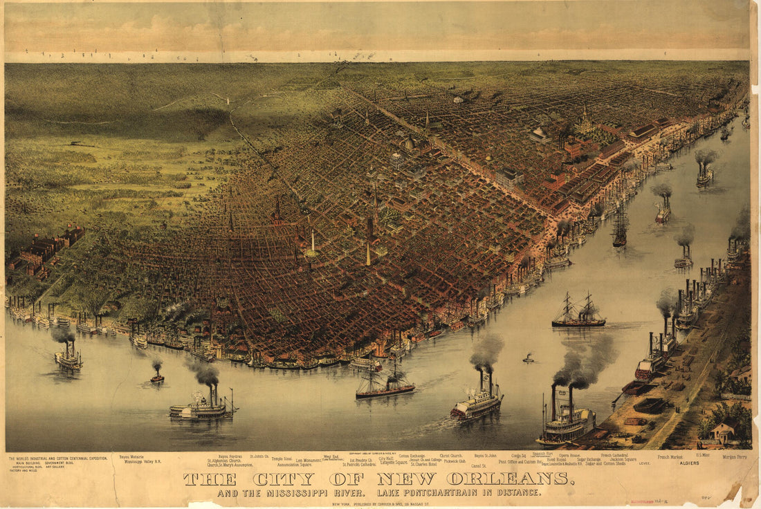 This old map of The City of New Orleans, and the Mississippi River Lake Pontchartrain In Distance from 1885 was created by Currier & Ives in 1885