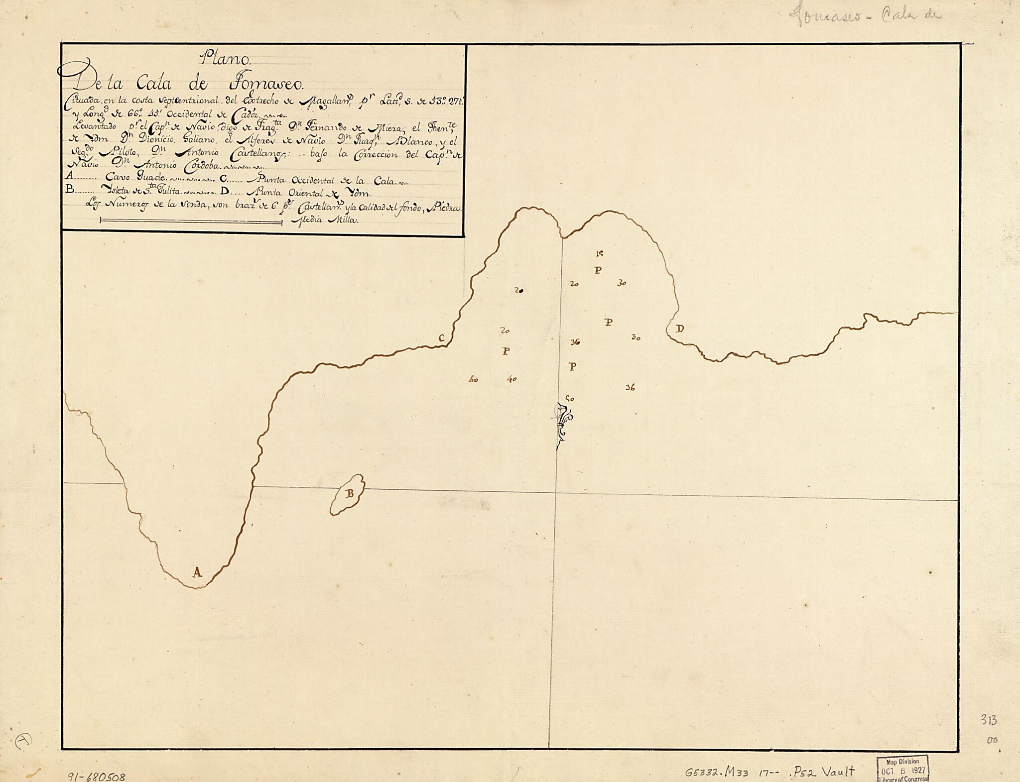This old map of Plano De La Cala De Tomaseo Cituada En La Costa Septeentrional sic Del Estrecho De Magallans. Pr. Lattd. S. De 53⁰27 1/2ʹ Y Longd. De 66⁰45ʹ Occidental De Cádiz from 1700 was created by Fernando De Miera in 1700