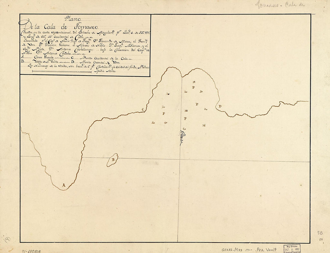 This old map of Plano De La Cala De Tomaseo Cituada En La Costa Septeentrional sic Del Estrecho De Magallans. Pr. Lattd. S. De 53⁰27 1/2ʹ Y Longd. De 66⁰45ʹ Occidental De Cádiz from 1700 was created by Fernando De Miera in 1700