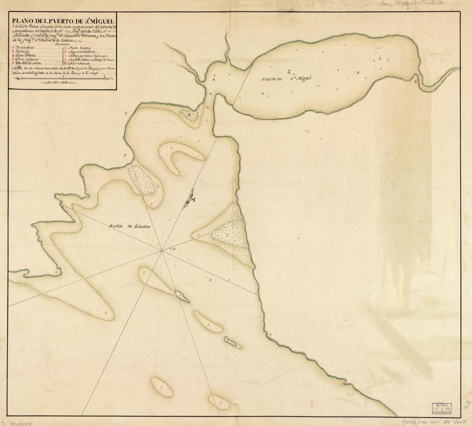 This old map of Plano Del Puerto De Sn. Miguel Y Bahía De Gaston Situada En La Costa Septentrional Del Estrecho De Magallanes En Latitu. S. De 53⁰42ʹ Y Longd. Al O. De Cádiz 65⁰46ʹ50 from 1700 was created by Alexandro Velmonte in 1700