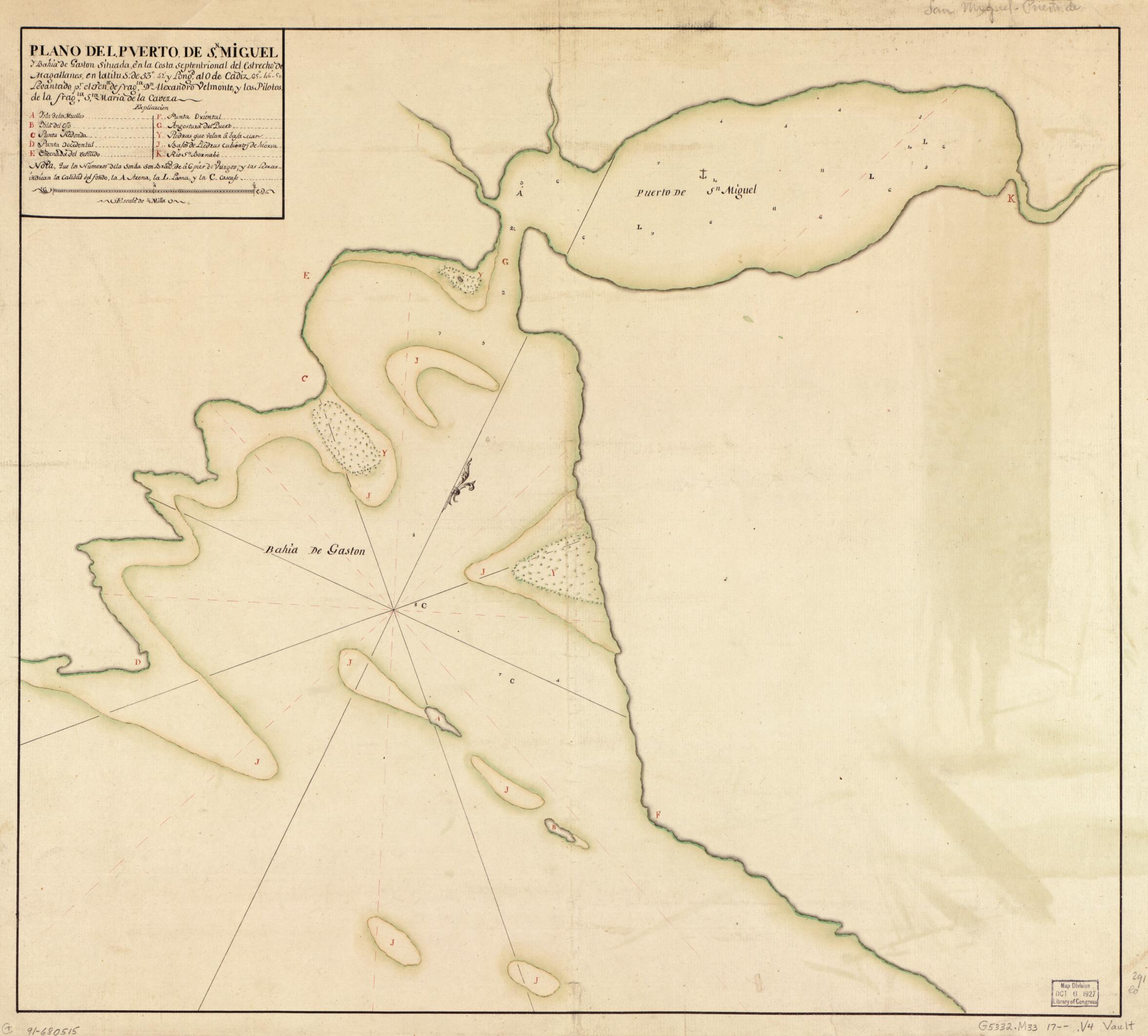 This old map of Plano Del Puerto De Sn. Miguel Y Bahía De Gaston Situada En La Costa Septentrional Del Estrecho De Magallanes En Latitu. S. De 53⁰42ʹ Y Longd. Al O. De Cádiz 65⁰46ʹ50 from 1700 was created by Alexandro Velmonte in 1700