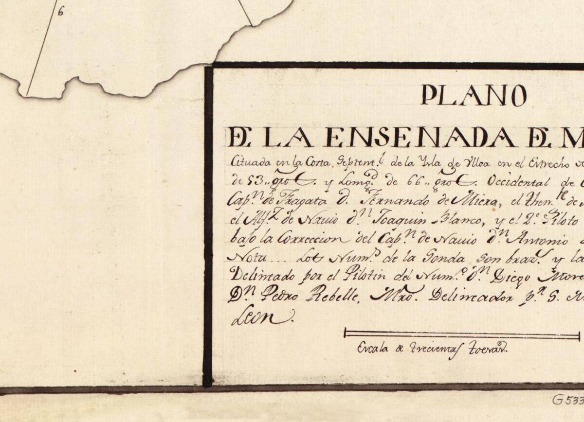 This old map of Plano De La Ensenada De Mantylla Cituada En La Costa Septentl. De La Ysla De Ulloa En El Estrecho De Magallanes Por Lattd. De 53 Gros. Y Lomgd. sic De 66 Gros Occidental De Cádiz from 1786 was created by Fernando De Miera, Diego Morete i