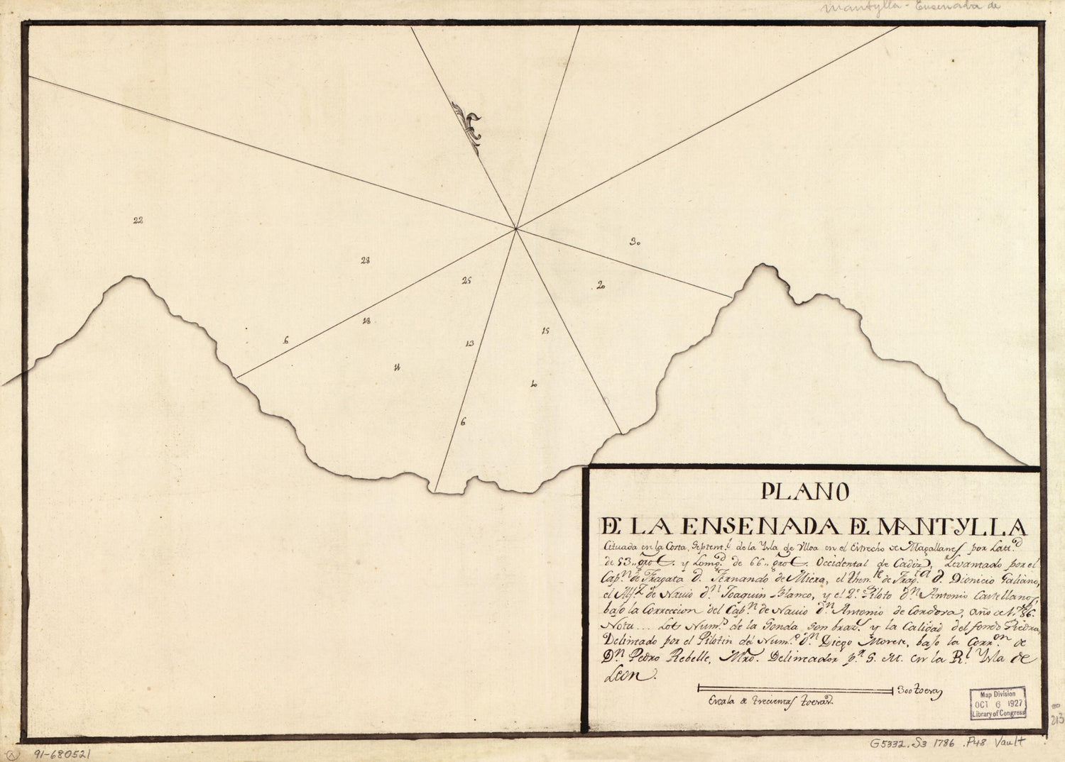 This old map of Plano De La Ensenada De Mantylla Cituada En La Costa Septentl. De La Ysla De Ulloa En El Estrecho De Magallanes Por Lattd. De 53 Gros. Y Lomgd. sic De 66 Gros Occidental De Cádiz from 1786 was created by Fernando De Miera, Diego Morete i