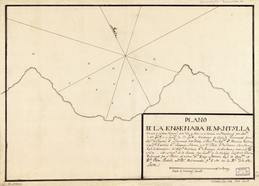 This old map of Plano De La Ensenada De Mantylla Cituada En La Costa Septentl. De La Ysla De Ulloa En El Estrecho De Magallanes Por Lattd. De 53 Gros. Y Lomgd. sic De 66 Gros Occidental De Cádiz from 1786 was created by Fernando De Miera, Diego Morete i