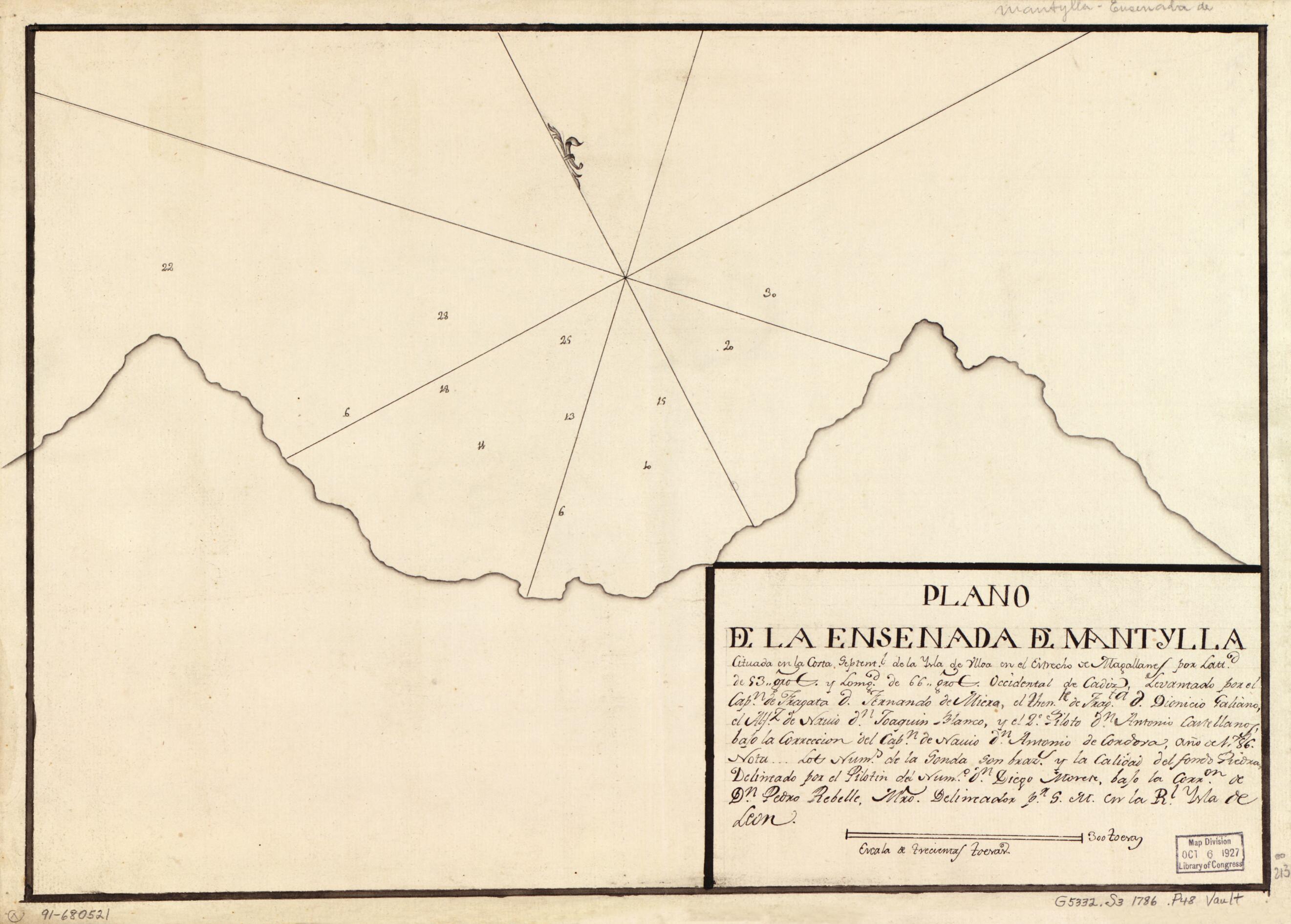 This old map of Plano De La Ensenada De Mantylla Cituada En La Costa Septentl. De La Ysla De Ulloa En El Estrecho De Magallanes Por Lattd. De 53 Gros. Y Lomgd. sic De 66 Gros Occidental De Cádiz from 1786 was created by Fernando De Miera, Diego Morete i