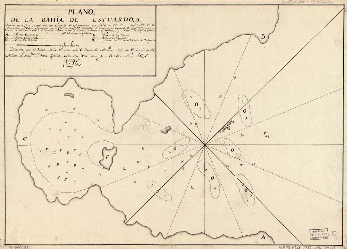 Plano De La Bahía De Estuardo Situado En La Costa Meridional Del Estreche De Magallanes Por Latd. S. De 53⁰23ʹ Y Longd. De 67⁰8ʺ sic 20ʺ Occidental De Cádiz 1786 by Relic Map Company