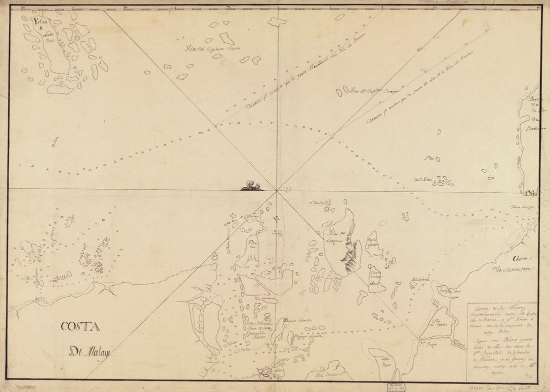 This old map of Carta De Las Mares Conprehendidas Entre El Estrecho De Banca Y Pto. Timor O Timon Con La Descripción De Estas Yslas Segun Un Plano Particular De Mas Contiene La Pte. Oriental De Estrecho De Malaca Y Al Gunas Enmiendas Echas a La De M? Da