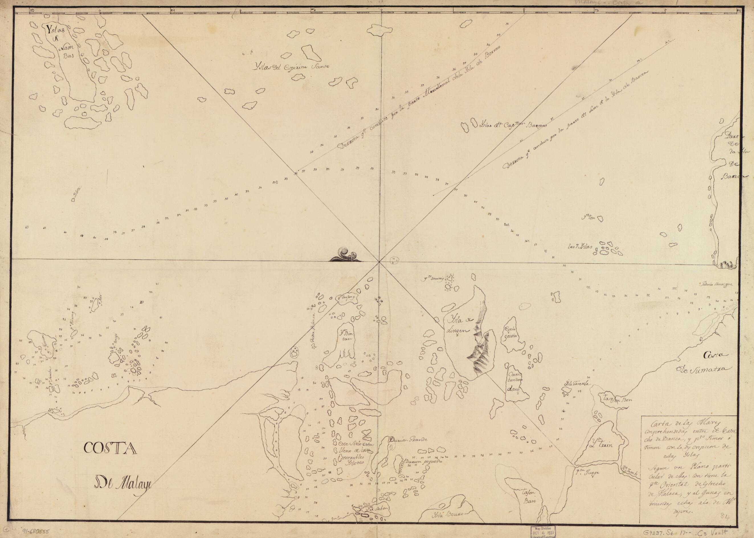 This old map of Carta De Las Mares Conprehendidas Entre El Estrecho De Banca Y Pto. Timor O Timon Con La Descripción De Estas Yslas Segun Un Plano Particular De Mas Contiene La Pte. Oriental De Estrecho De Malaca Y Al Gunas Enmiendas Echas a La De M? Da