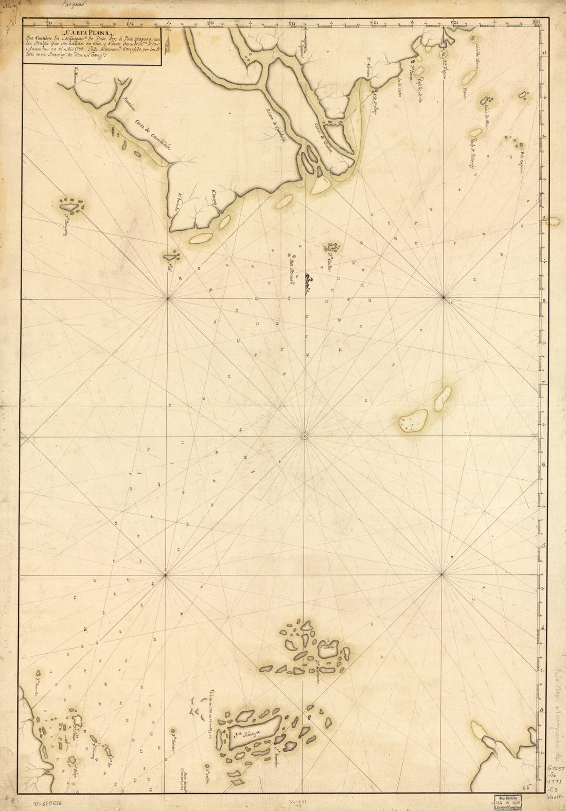 This old map of Carta Plana Que Contiene La Navegacn. De Pulo Aor a Pulo Zapata Con Los Fondos Que Se Hallan En Ella Y Nuevos Descubrimtos. De Las Anambas En El Año from 1771 was created by in 1771