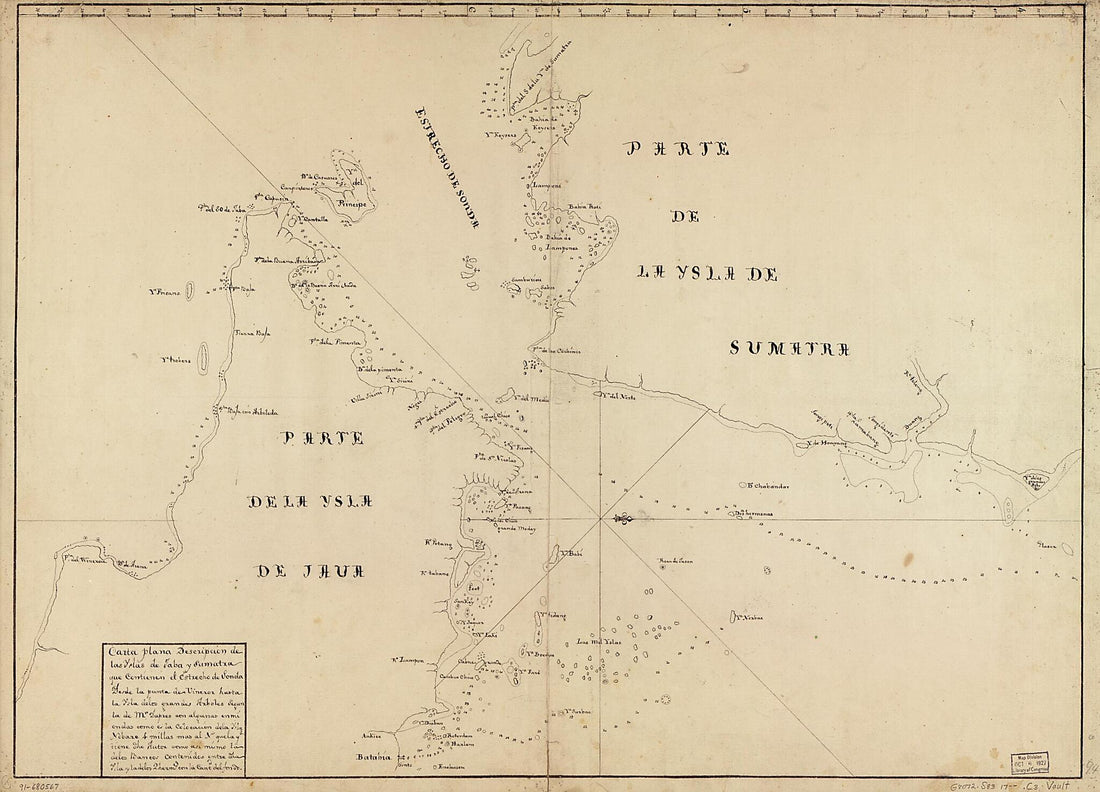 This old map of Carta Plana Descripción De Las Yslas De Jaba Y Sumatra Que Contienen El Estrecho De Sonda Desde La Punta De Vineror Hasta La Ysla De Los Grandes Arboles Segun La De Mr. Dapres Con Algunas Enmiendas Como E? La Colocación De La Ysla Nobar