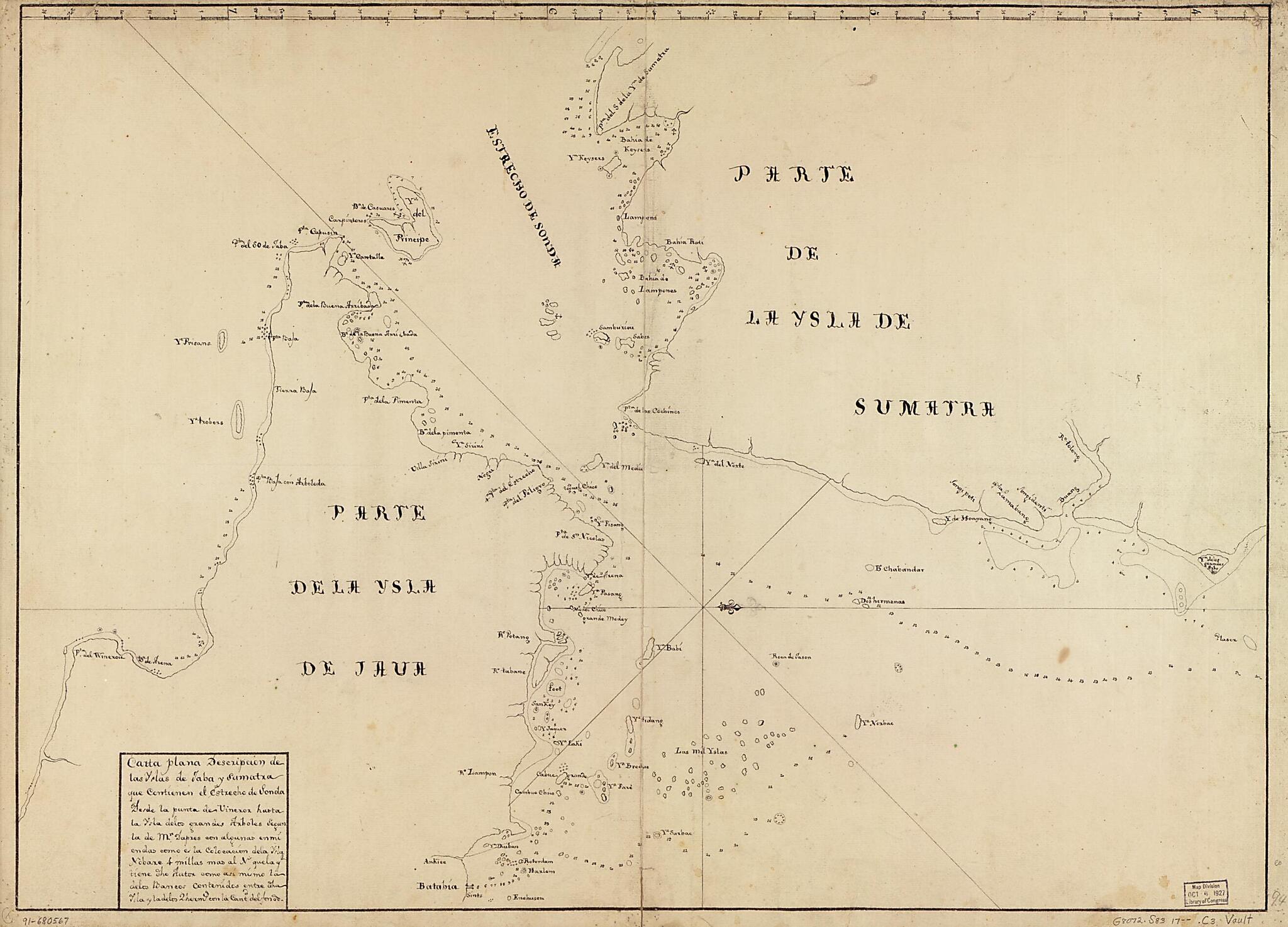 This old map of Carta Plana Descripción De Las Yslas De Jaba Y Sumatra Que Contienen El Estrecho De Sonda Desde La Punta De Vineror Hasta La Ysla De Los Grandes Arboles Segun La De Mr. Dapres Con Algunas Enmiendas Como E? La Colocación De La Ysla Nobar
