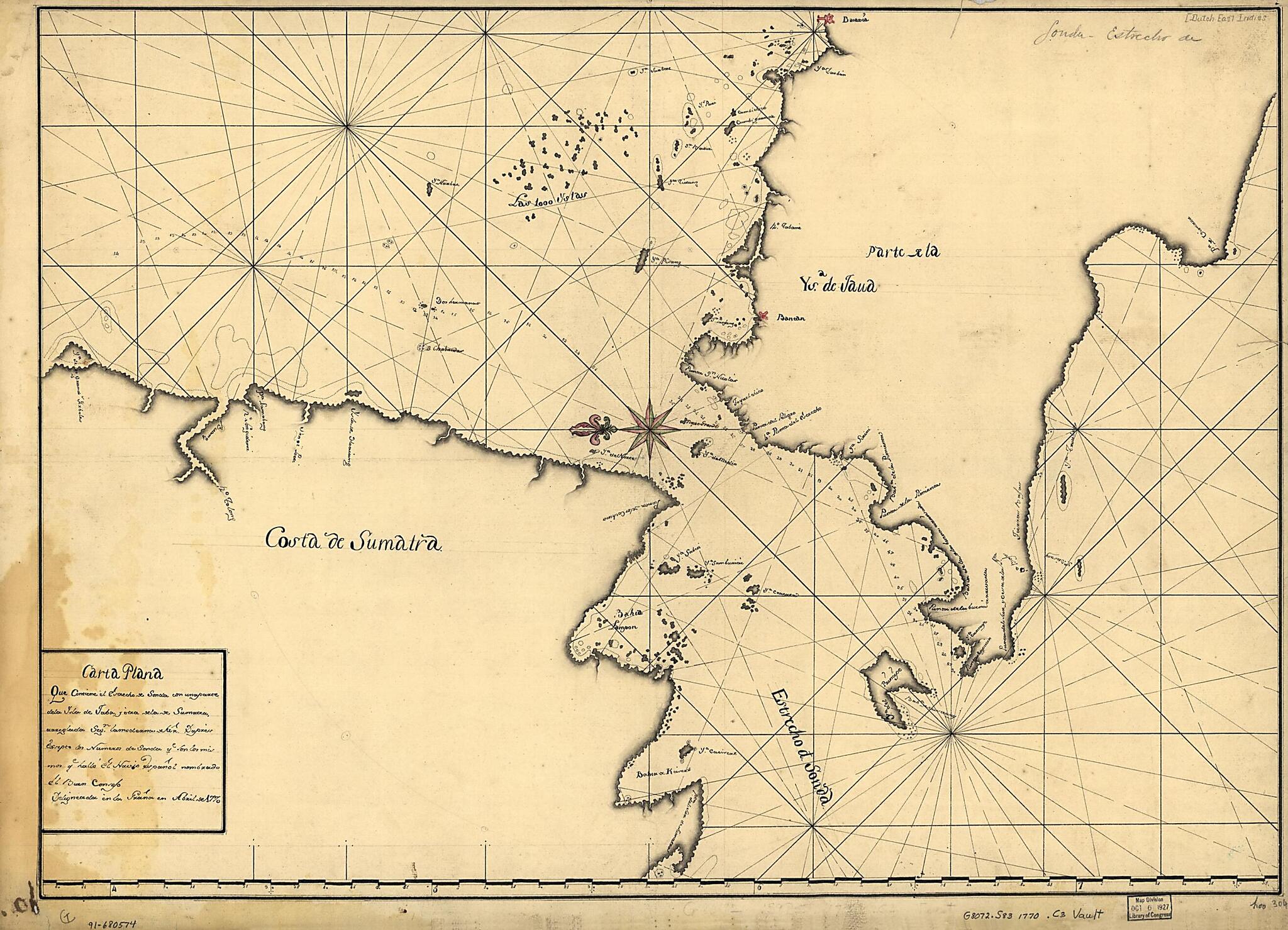 This old map of Carta Plana Que Contiene El Estrecho De Sonda Con Una Parte De La Ysla De Jaba Y Otra De La De Sumatra Arreglada Segn. La Moderna De Mr. Dapres Exsepto Los Numeros De Sonda Qe. Son Los Mismos Qe. Hallo El Navio Español Nombrado El Buen C