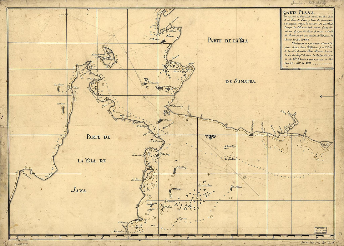 This old map of Carta Plana Que Contiene El Estrecho De Sonda Con Una Parte De La Ysla De Java Y Otra De Sumatra Arreglada Segun La Moderna De Mr. Dapre. Exepto Los Numberos De La Sonda Qe. Son Los Mismos Qe. Hallo El Navio De S.M. Nombdo., El Buen Conse