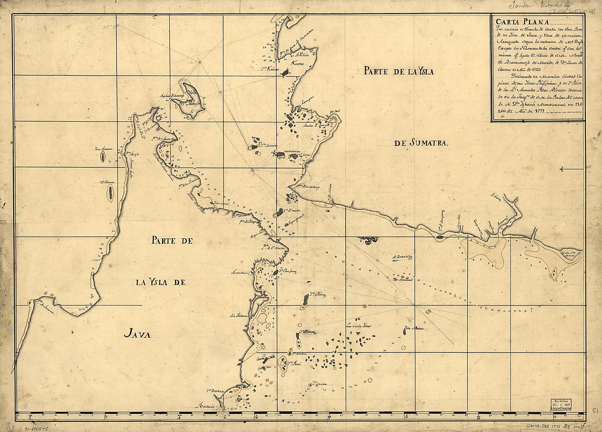 This old map of Carta Plana Que Contiene El Estrecho De Sonda Con Una Parte De La Ysla De Java Y Otra De Sumatra Arreglada Segun La Moderna De Mr. Dapre. Exepto Los Numberos De La Sonda Qe. Son Los Mismos Qe. Hallo El Navio De S.M. Nombdo., El Buen Conse