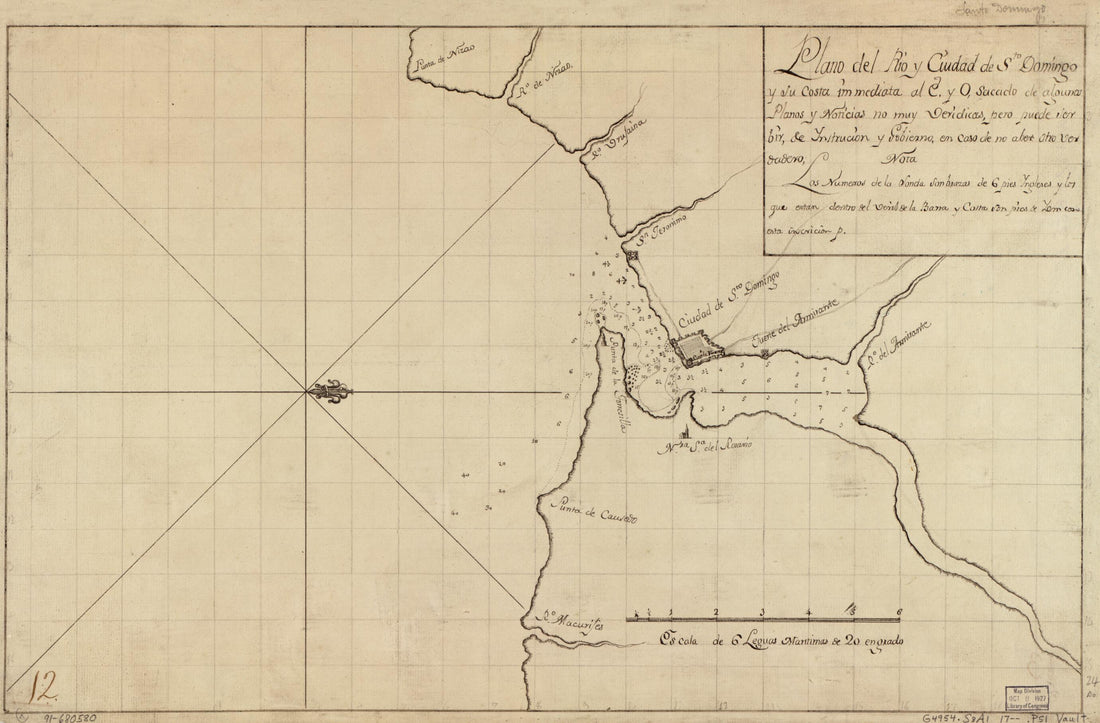 This old map of Plano Del Río Y Ciudad De Sto. Domingo Y Su Costa Immediata Al E. Y O. Sacado De Algunos, Planos Y Noticias No Muy Veridicas, Pero Puede Ser Bir, De Ynstrución Y Gobierno, En Caso De No Aber Otro Verdadero from 1700 was created by in 1