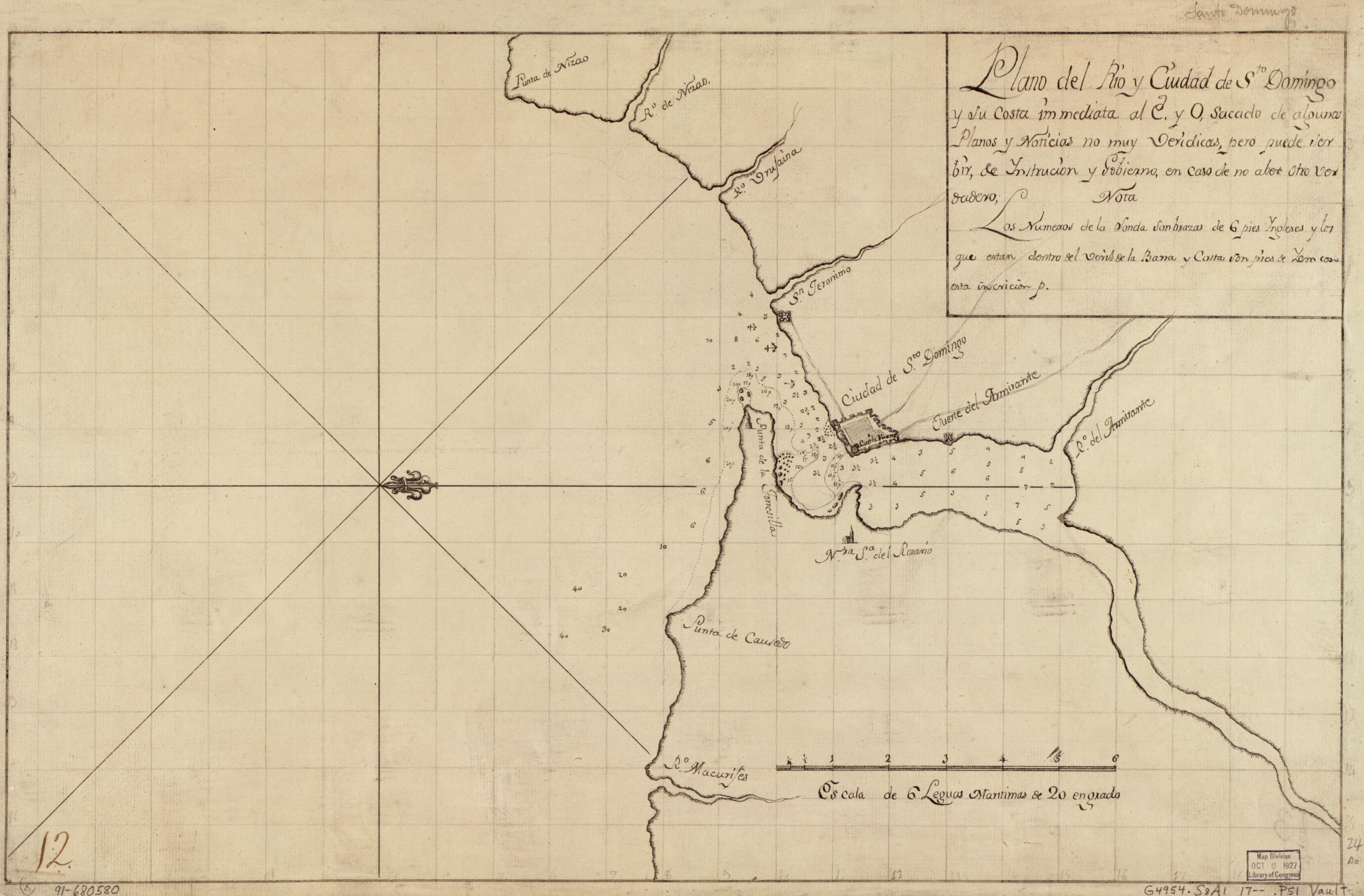 This old map of Plano Del Río Y Ciudad De Sto. Domingo Y Su Costa Immediata Al E. Y O. Sacado De Algunos, Planos Y Noticias No Muy Veridicas, Pero Puede Ser Bir, De Ynstrución Y Gobierno, En Caso De No Aber Otro Verdadero from 1700 was created by in 1