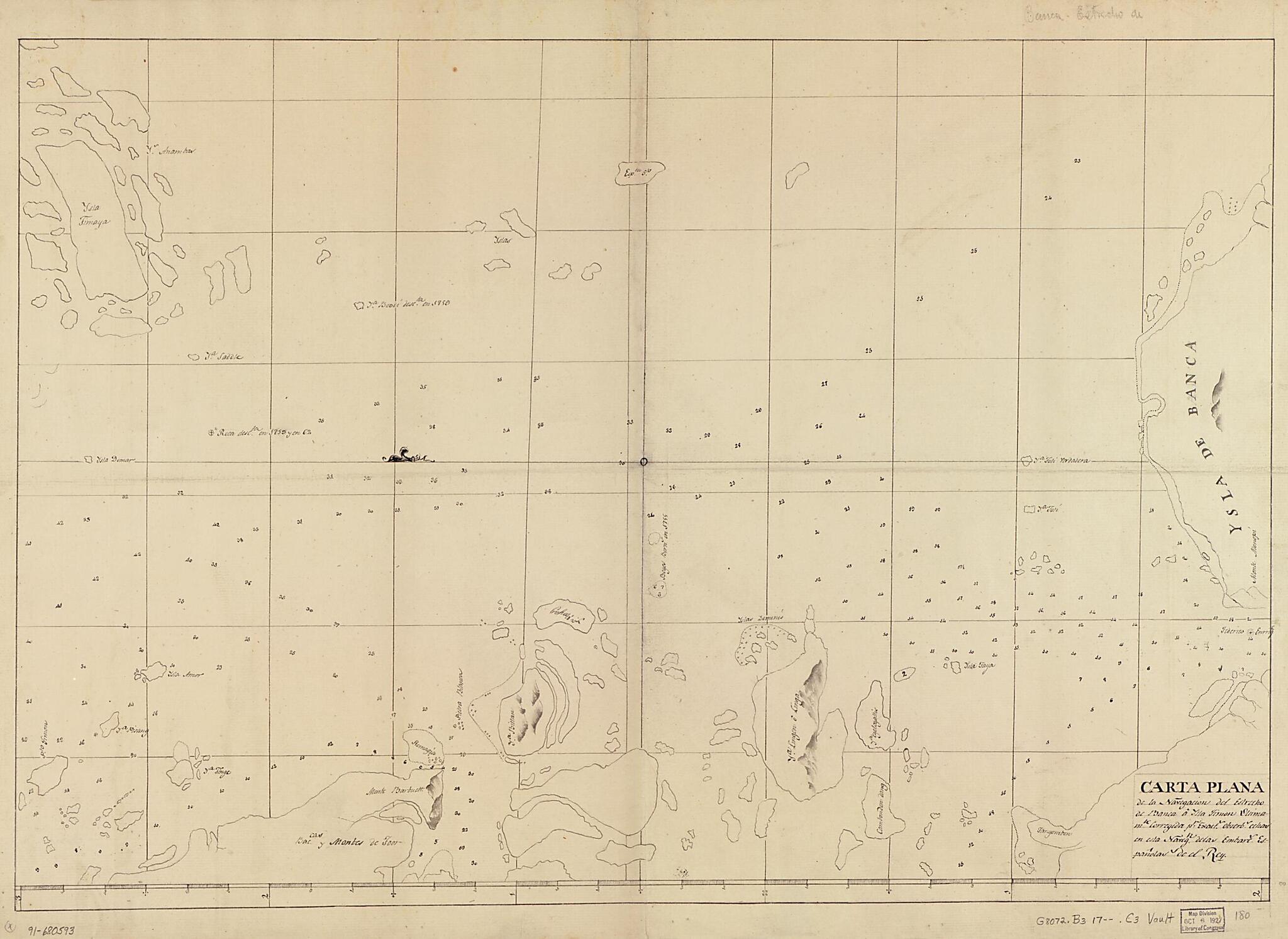 This old map of Carta Plana De La Navegación Del Estrecho De Banca a Ysla Timon Ultimamte. Corregida Pr. Exacts. Obserbs. Echas En Esta Navegn. De Las Embarcs. Españolas De El Rey from 1700 was created by in 1700