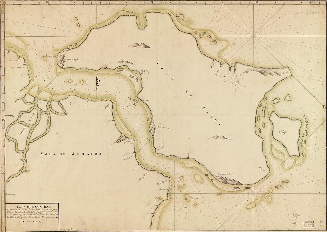 This old map of Carta Que Contiene El Estrecho De Banca, La Ysla D. Este Nombre, Una Parte De La De Sumatra Con Sus Yslas Y Vajos Adjacentes Nuevamente Correjida Y Emendada Por Los Pilotos Mas Practicos De Esta Navegación Segun Varias Observaciones from