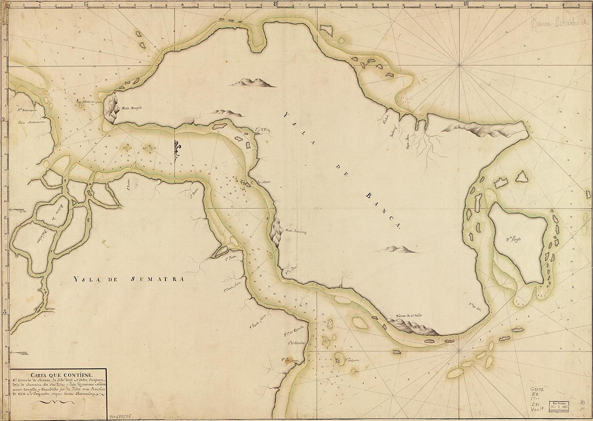 Carta Que Contiene El Estrecho De Banca, La Ysla D. Este Nombre, Una Parte De La De Sumatra Con Sus Yslas Y Vajos Adjacentes Nuevamente Correjida Y Emendada Por Los Pilotos Mas Practicos De Esta Navegación Segun Varias Observaciones 1700 by Relic Map Company