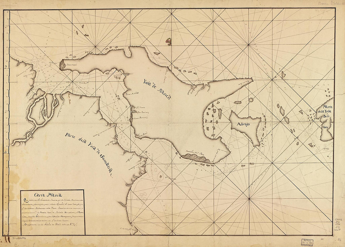 This old map of Carta Plana Que Contiene El Estrecho De Banca Y El De Biliton, Nuebamente Emendada Y Corregida Por El Navio Español, El Buen Consejo Y Segn. Las Cartas Modernas De Los Pilotos Practicos De Esta Carrera Y Particularmte. La Nueba Canl. De