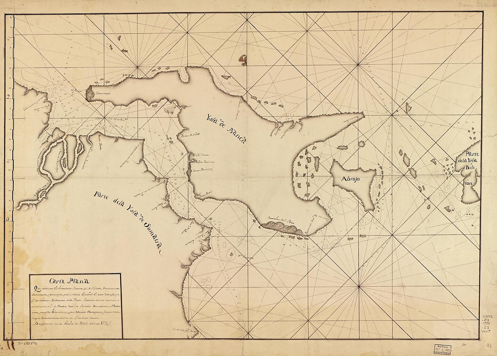 This old map of Carta Plana Que Contiene El Estrecho De Banca Y El De Biliton, Nuebamente Emendada Y Corregida Por El Navio Español, El Buen Consejo Y Segn. Las Cartas Modernas De Los Pilotos Practicos De Esta Carrera Y Particularmte. La Nueba Canl. De