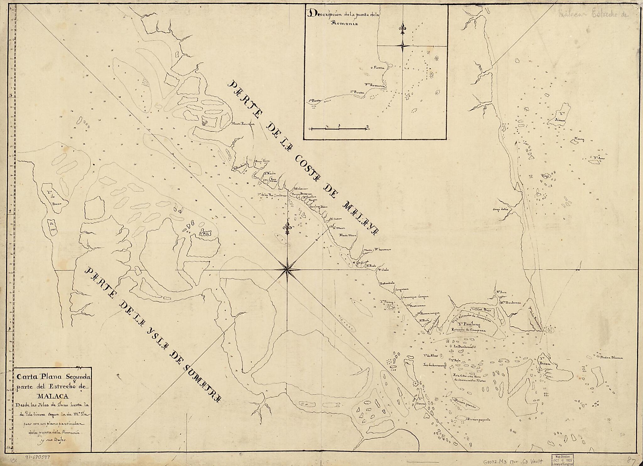 This old map of Carta Plana Segunda Parte Del Estrecho De Malaca Desde Las Yslas De Daru Hasta La De Pulotimon Segun La De Mr. Dapres Con Un Plano Particular De La Punta De La Romania Y Sus Bajos from 1700 was created by in 1700