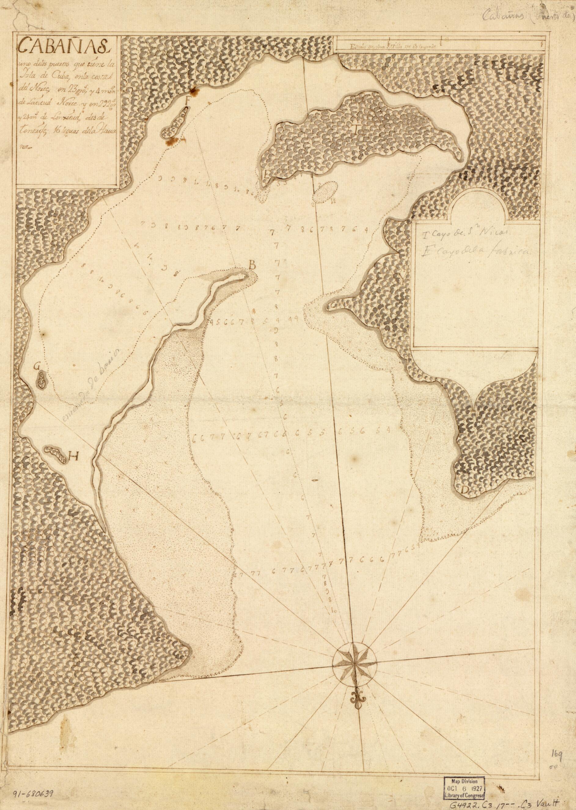 This old map of Cabañas, Uno De Los Puertos Que Tiene La Yzla De Cuba, En La Costa Del Norte En 23 Gras. Y 4 Mins. De Latitud Norte Y En 292 Grs. Y 24 Ms. De Longitud Desde Tenerife, 16 Leguas De La Havana from 1700 was created by in 1700