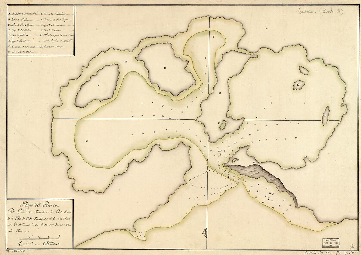 Plano Del Puerto De Cabañas, Situado En La Costa Dl. N. De La Ysla De Cuba, 12 Leguas Al O. De La Havana 1700 by Relic Map Company