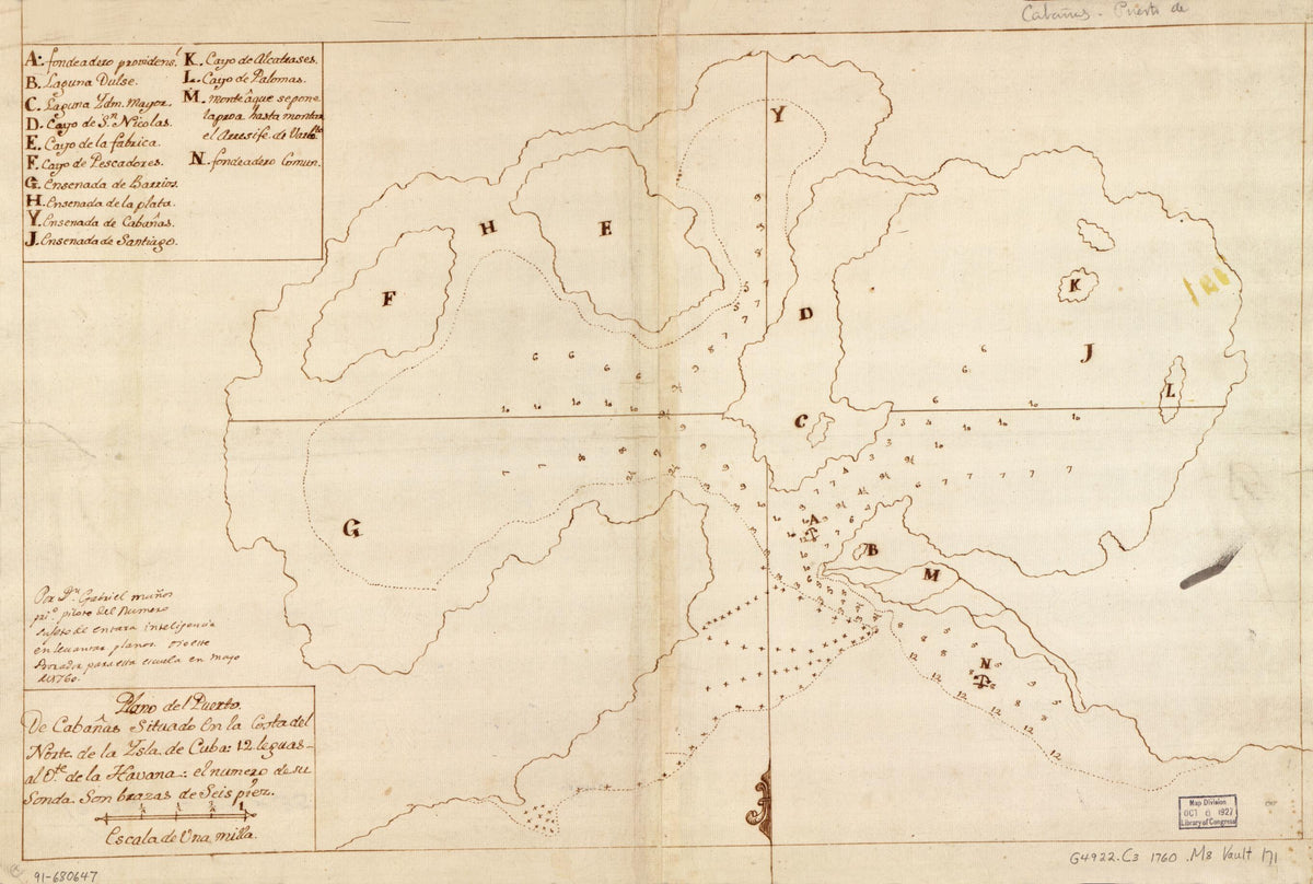 Plano Del Puerto De Cabañas Situado En La Costa Del Norte De La Ysla De Cuba, 12 Leguas Al Ote. De La Havana 1760 by Relic Map Company