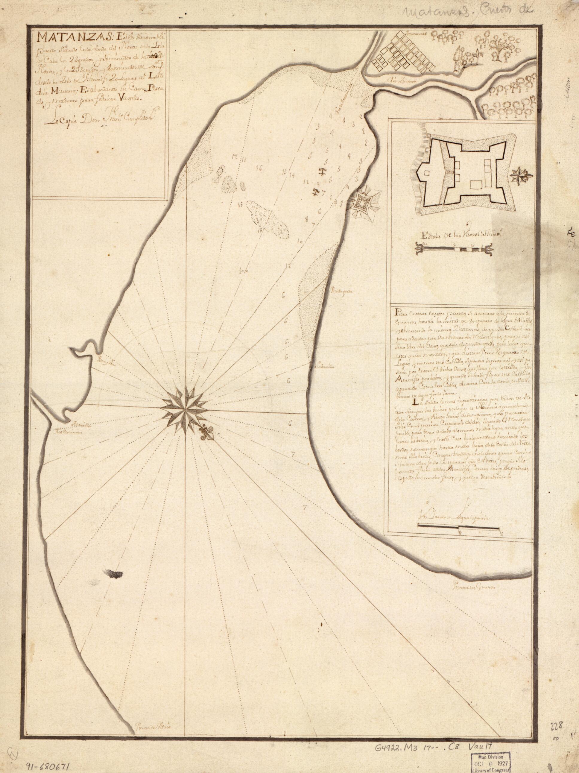 This old map of Matanzas.. Puerto Situado En La Vanda Del Nortte De La Isla De Cuba En 23 Grados Y 10 Minutos De Latittd. D. Nortte Y En 293 Grados Y 40 Minutos De Congd. Desde La Isla De Tenerife, 20 Leguas Al from 1700 was created by Francisco Cumplid