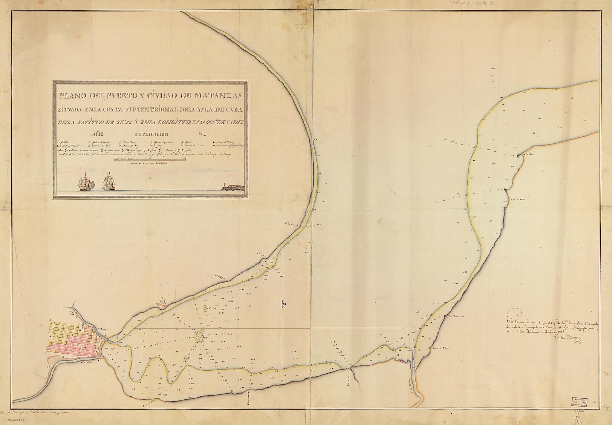 This old map of Plano Del Puerto Y Ciudad De Matanzas Situada En La Costa Septentrional De La Ysla De Cuba En La Latitud De 23⁰12ʹ Y En La Longitud 75⁰l5ʹ Occl. De Cádiz, Año 1800 from 1815 was created by Manuel Guirez De Torres in 1815
