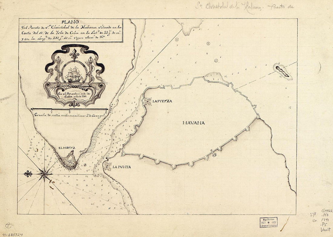 This old map of Plano Del Puerto De Sn. Christobal De La Habana Situado En La Costa Del N. De La Ysla De Cuba En La Latd. De 23 Gs. 10 Ms. Y En La Longd. De 293 Gs. 43 Ms. Segun Merio. De The from 1791 was created by in 1791