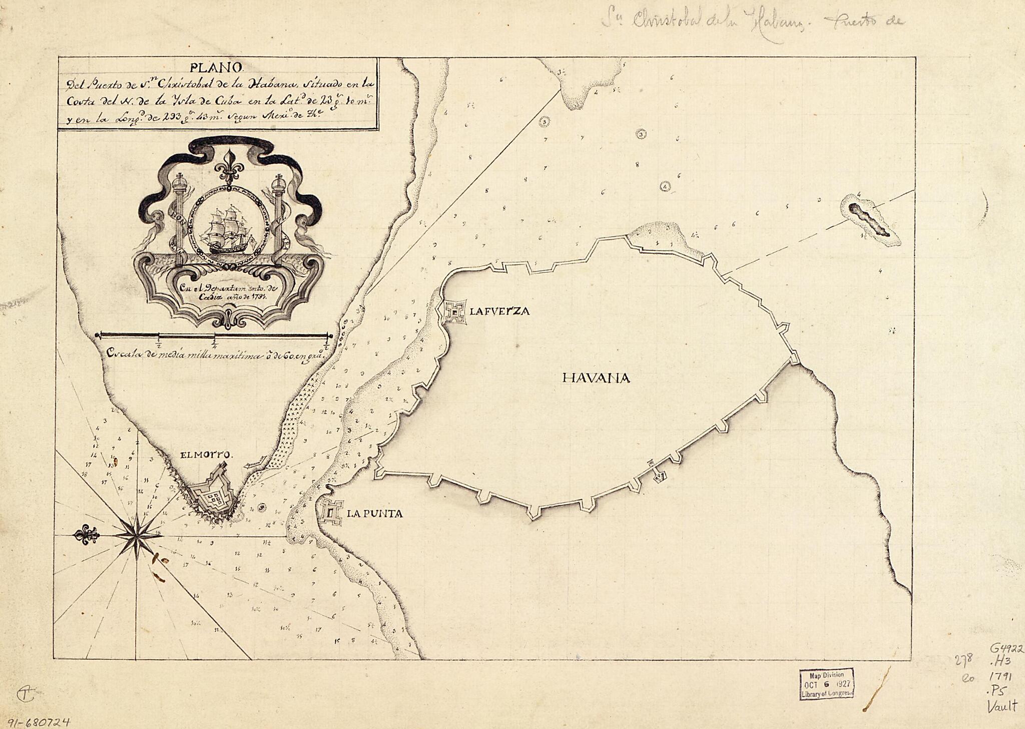 This old map of Plano Del Puerto De Sn. Christobal De La Habana Situado En La Costa Del N. De La Ysla De Cuba En La Latd. De 23 Gs. 10 Ms. Y En La Longd. De 293 Gs. 43 Ms. Segun Merio. De The from 1791 was created by in 1791