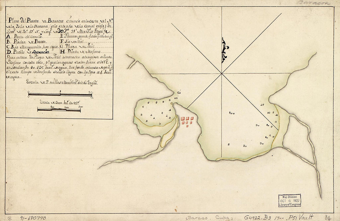 This old map of Plano Del Puertto sic De Baracoa Cituado En La Costa Del N. De La Ysla De La Havana (a La Entrada De La Canal Vieja) En Lattd. De 20⁰42ʹ N. Y Longd. De 302⁰21ʹ, Merido. De Tenerife from 1700 was created by in 1700