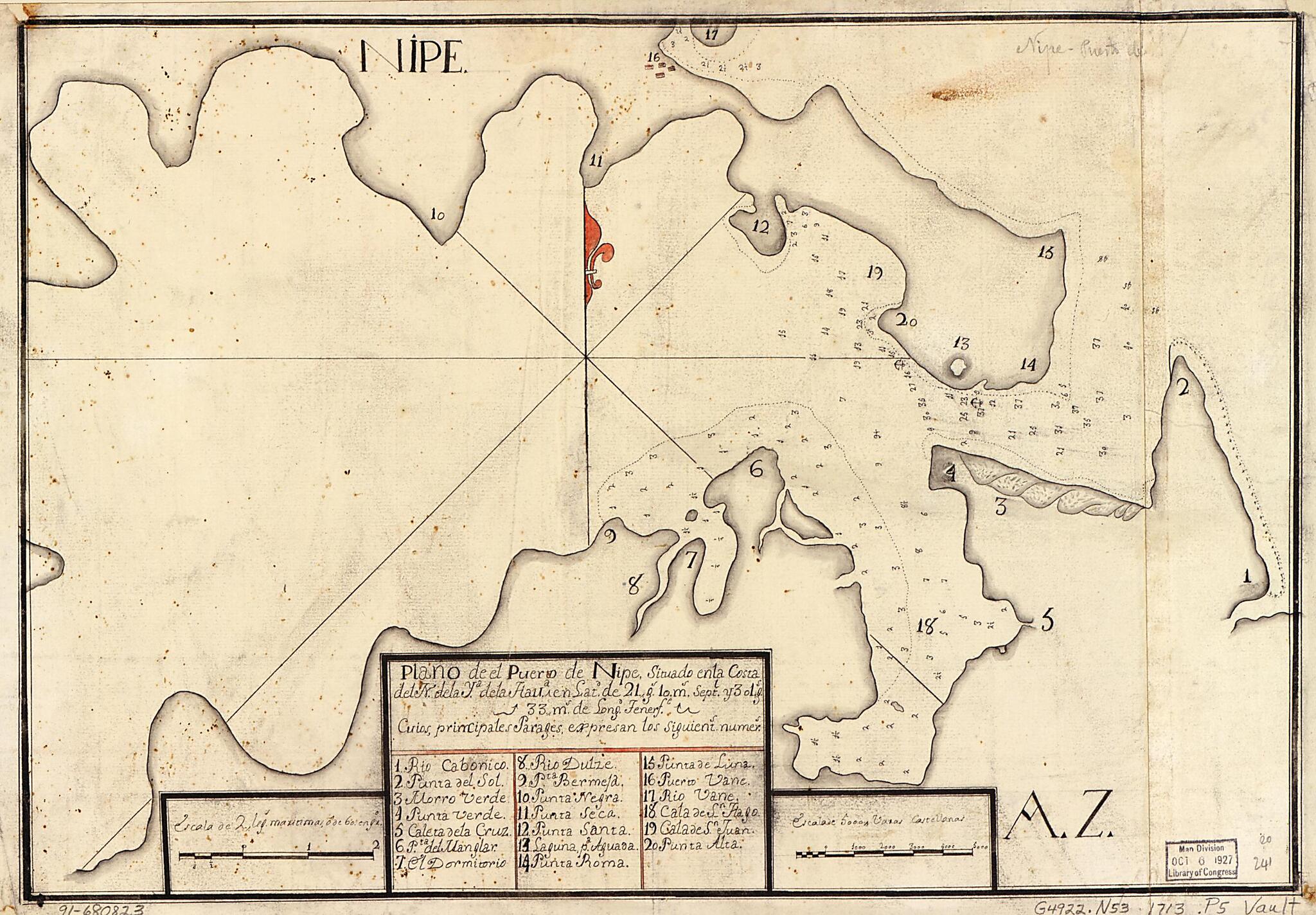 This old map of Plano De El Puerto De Nipe Situado En La Costa Del N. De La Ya. De La Hava. En Latd. De 21 Gs. 10 Ms. Septl. Y 301 Gs. 33 Ms. De Longd., Tenerfe from 1713 was created by in 1713