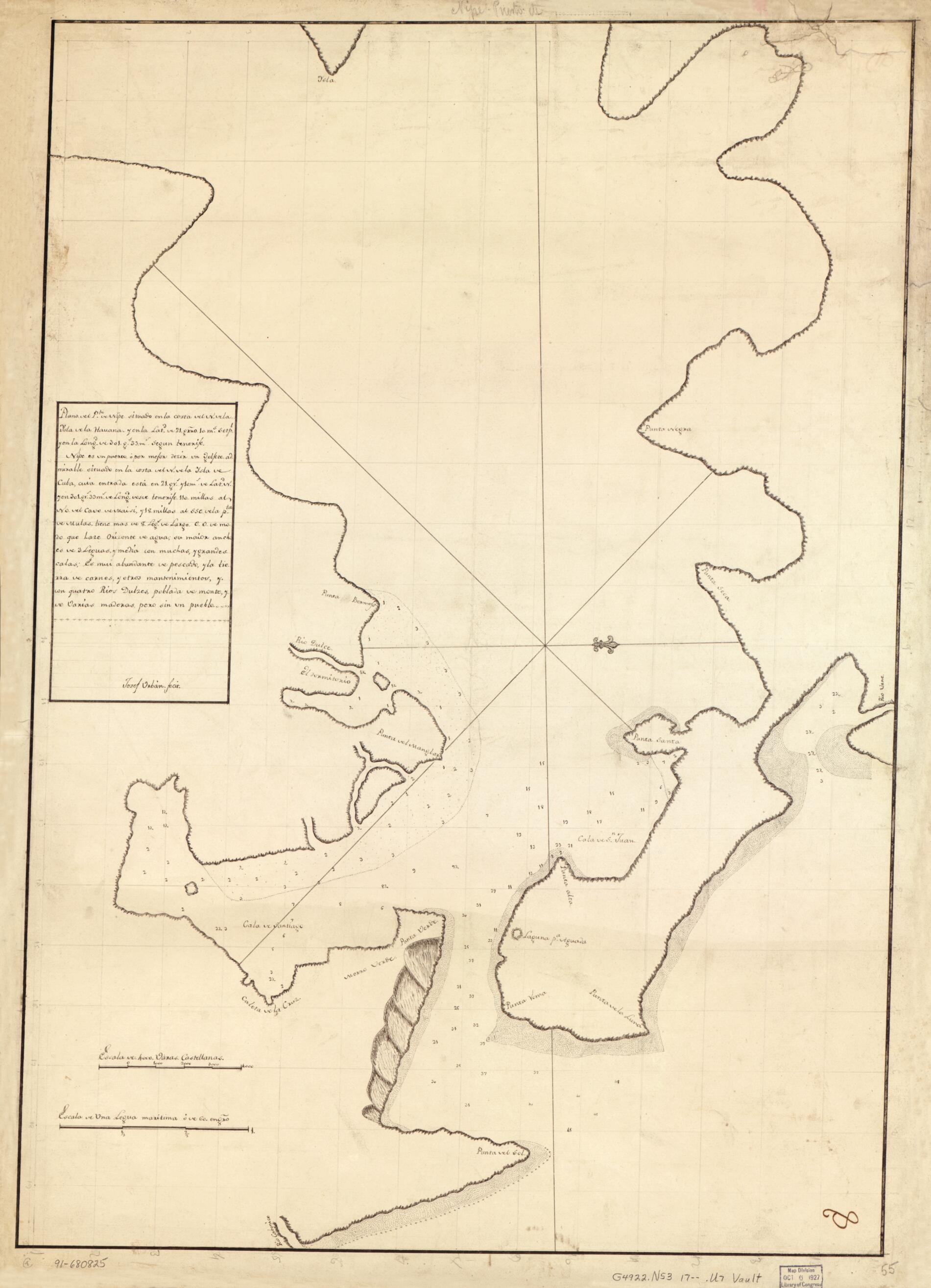 This old map of Plano Del Pto. De Nipe Situado En La Costa Del N. De La Ysla De La Havana Y En La Latd. De 21 Grro. 10 Ms. Setpl. Y En La Longd. De 301 Gs. 33 Ms. Segun Tenerife from 1700 was created by Josef Urban in 1700