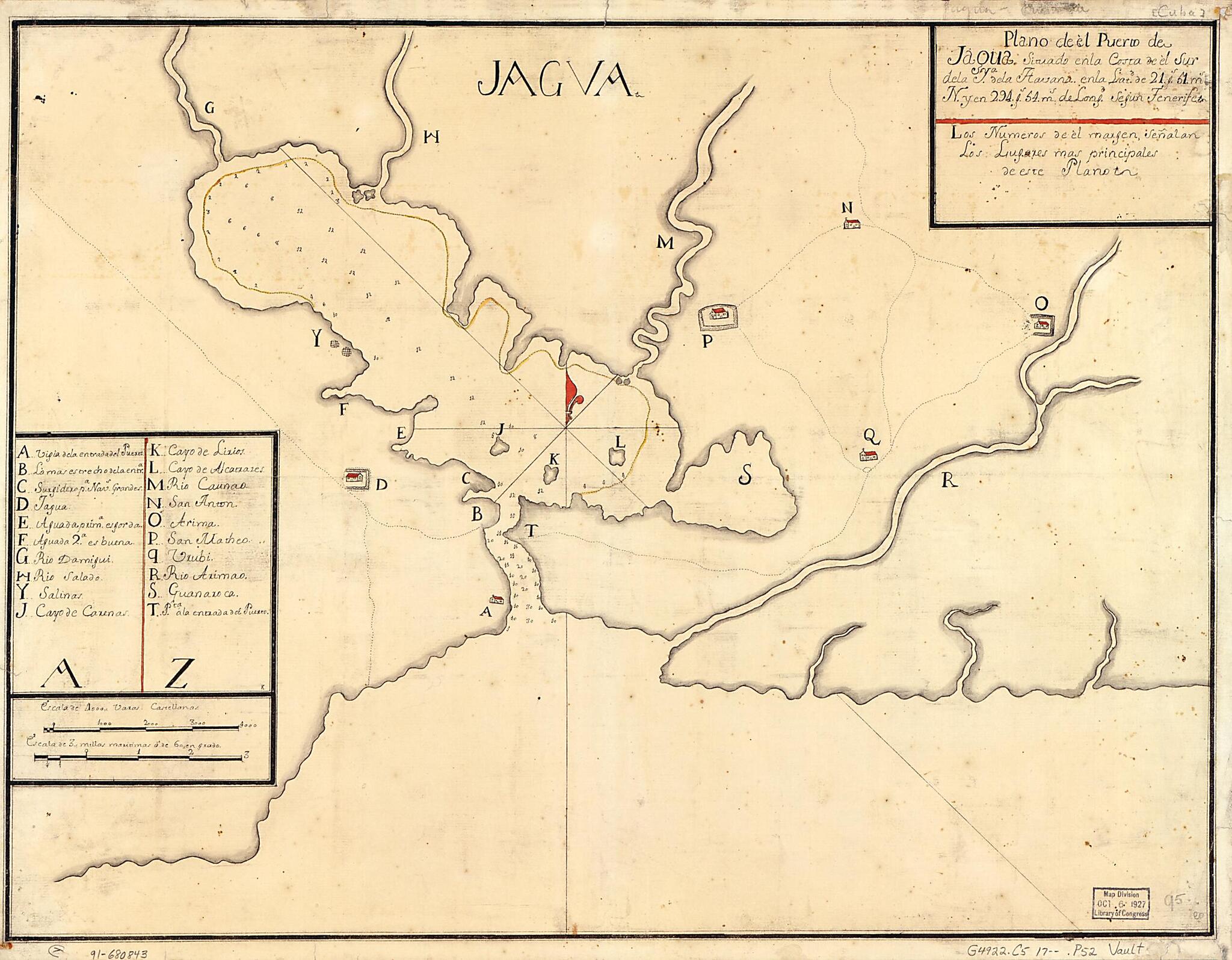 This old map of Plano De El Puerto De Jagua Situado En La Costa De El Sur De La Ya. De La Havana En La Latd. De 21 Gs. 51 Ms. N. Y En 294 Gs. 54 Ms. De Longd. Segun Tenerife from 1700 was created by in 1700