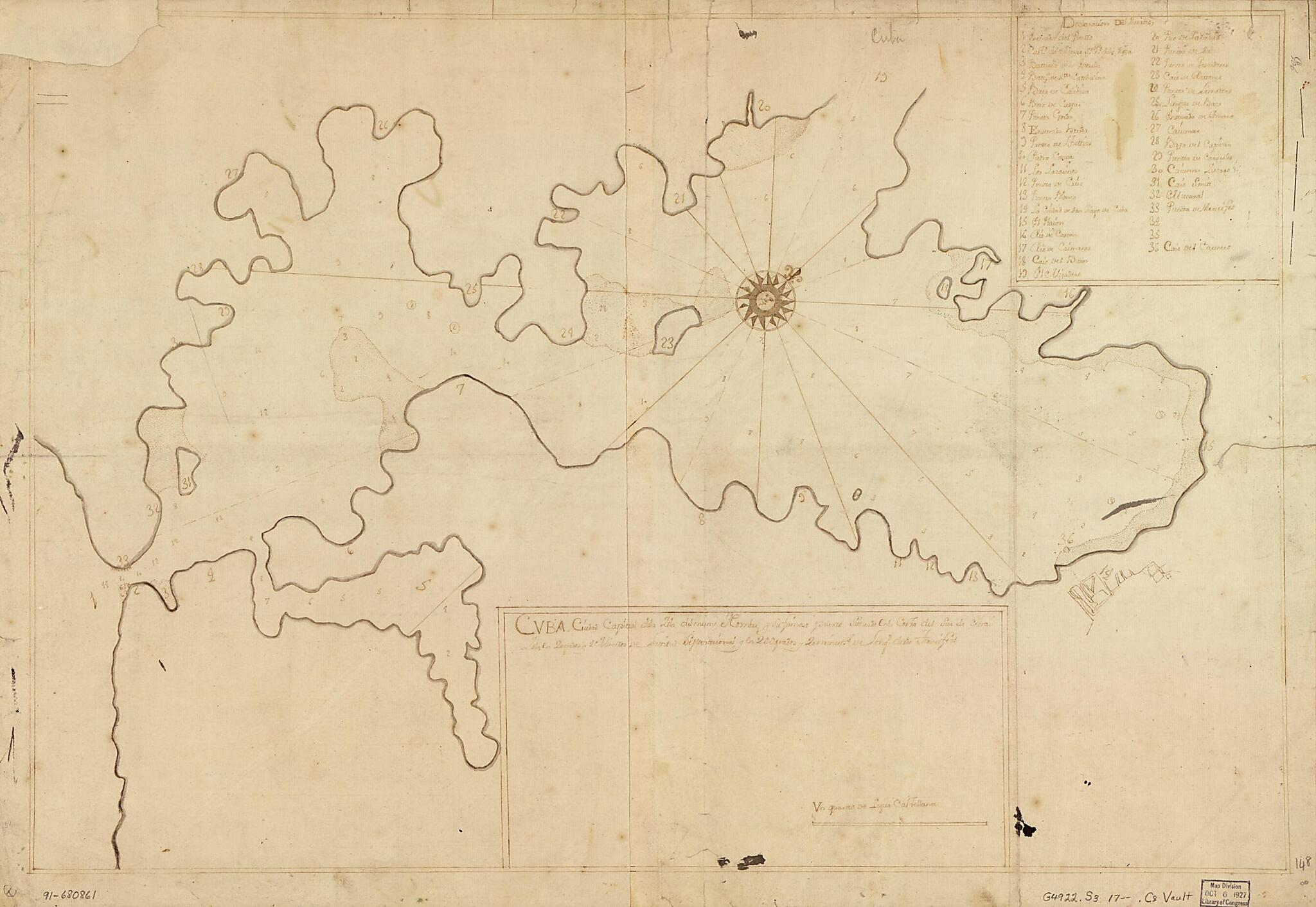 This old map of Cuba, Ciudad Capittal De La Ysla Del Mismo Nombre Y Su Famoso Puerto Sittuado En La Costa Del Sur De Gra. Ysla, Los 20 Grados Y 2 Minutos De Lattitud Septtenttrional Y Los 299 Grados Y 20 Minuts. De Longd. Desde Tenerife from 1799 was cre
