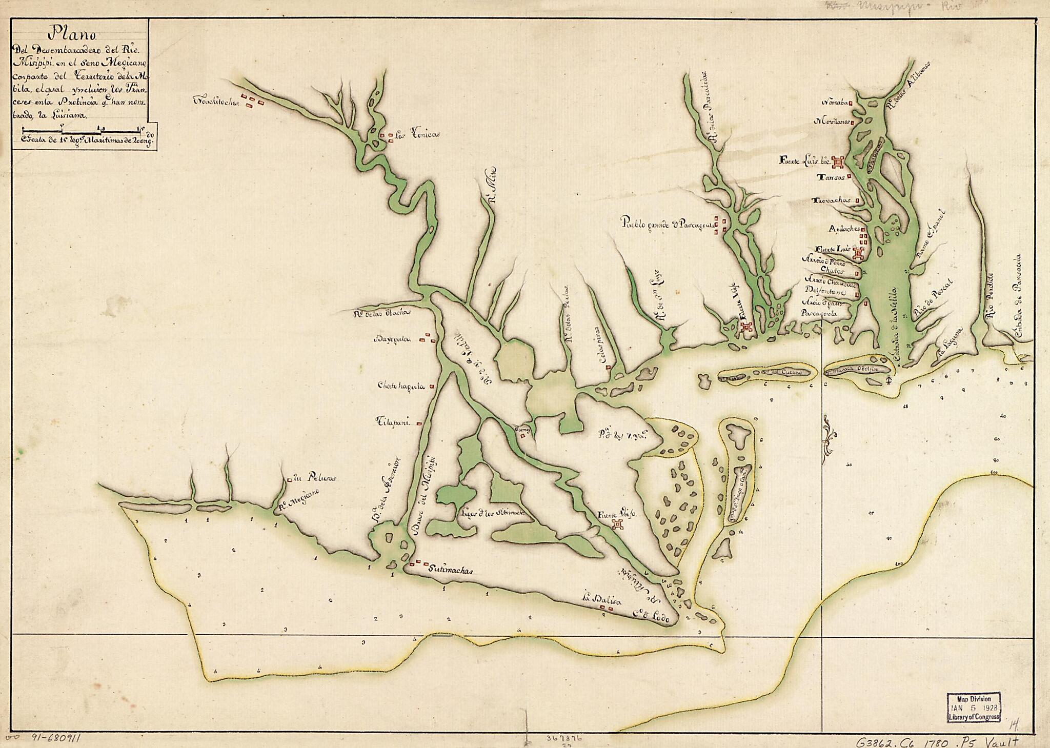 This old map of Plano Del Desembarcadero Del Río Misipipi En El Seno Megicano Con Parte Del Territorio De La Mobila, El Qual Yncluien Los Franceses En La Probincia Qe. Han Nombrado La Luisiana from 1780 was created by in 1780