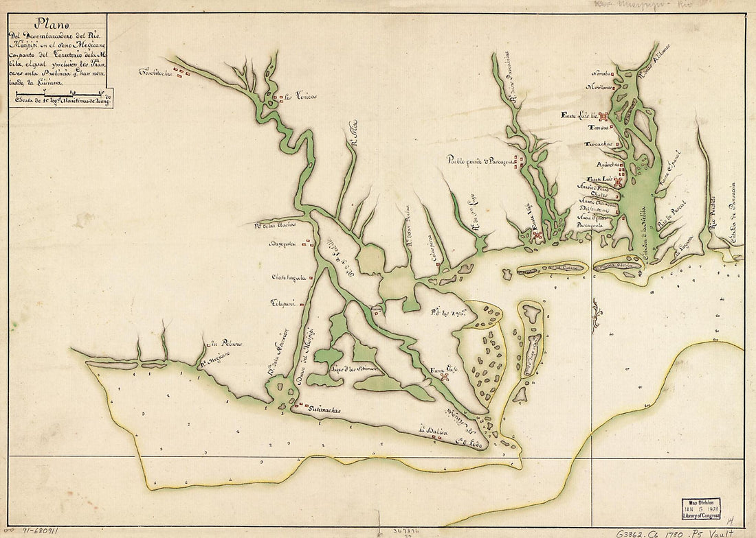 This old map of Plano Del Desembarcadero Del Río Misipipi En El Seno Megicano Con Parte Del Territorio De La Mobila, El Qual Yncluien Los Franceses En La Probincia Qe. Han Nombrado La Luisiana from 1780 was created by in 1780