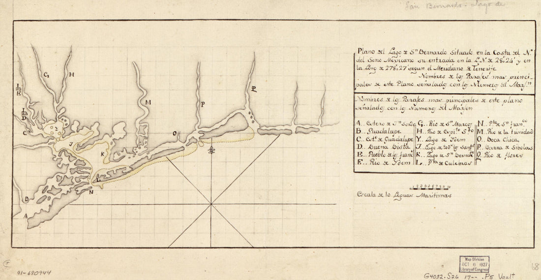 This old map of Plano Del Lago De Sn. Bernardo Situado En La Costa Del N. Del Seno Mexicano Su Entrada En La L. N. De 28⁰24ʹ Y En La Long. De 278⁰27ʹ Segun El Meridiano De Tenerife from 1700 was created by in 1700