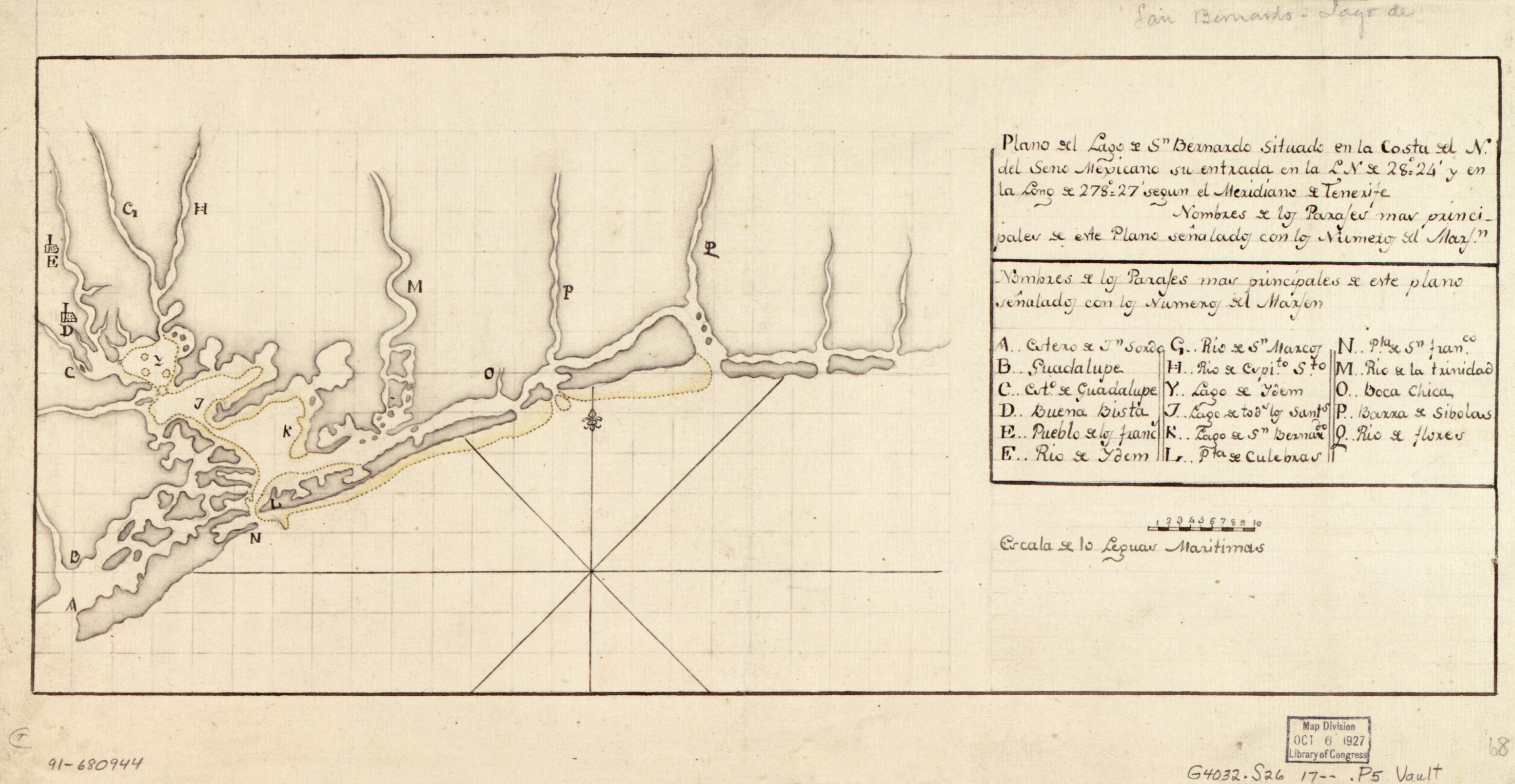This old map of Plano Del Lago De Sn. Bernardo Situado En La Costa Del N. Del Seno Mexicano Su Entrada En La L. N. De 28⁰24ʹ Y En La Long. De 278⁰27ʹ Segun El Meridiano De Tenerife from 1700 was created by in 1700